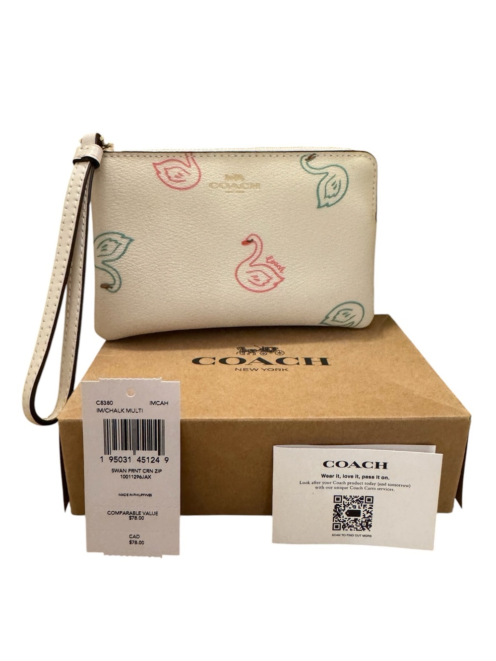 Coach Corner Zip Wristlet with Swan Print NWT